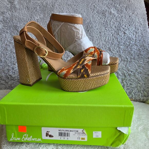 NEW Sam Edelman‎ Women's Boho Nolita Platform Heeled Sandal Size 11M Orange Ikat - Picture 3 of 7